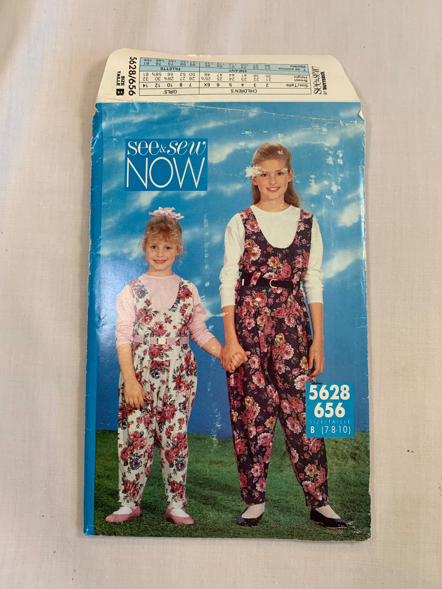 Butterick See & Sew Sewing Pattern 5628 Children's/Girls' Jumpsuit, Top, Long Sleeves, Sleeveless, Zipper Back, Loose-Fitting, Dropped Shoulders, Size 7-10, Uncut, Vintage 1991