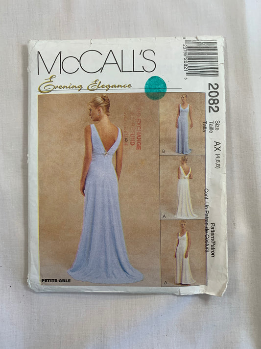 McCall's Sewing Pattern Evening Elegance 2082 Misses' Lined Gown, Floor Length, Zipper Back, Empire Waist, Sleeveless, Overlay, Size 4-8, Uncut, Vintage 1999