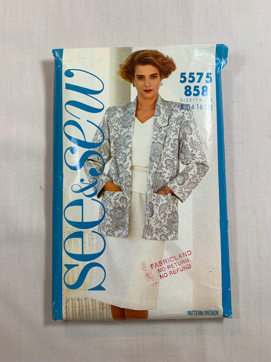 Butterick Sewing Pattern See & Sew 5575 Misses' Jacket, Top, Skirt, Loose-Fitting, Shoulder Pads, Shawl Collar, Pullover, Size 14-18, Cut, Vintage 1987