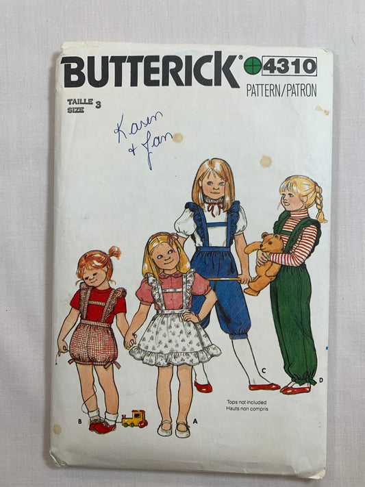 Butterick Sewing Pattern 4310 Girls' Jumper, Overalls, Loose-Fitting, Three Lengths, Gathered Waist, Shoulder Straps, Size 3, Cut, Vintage 1999