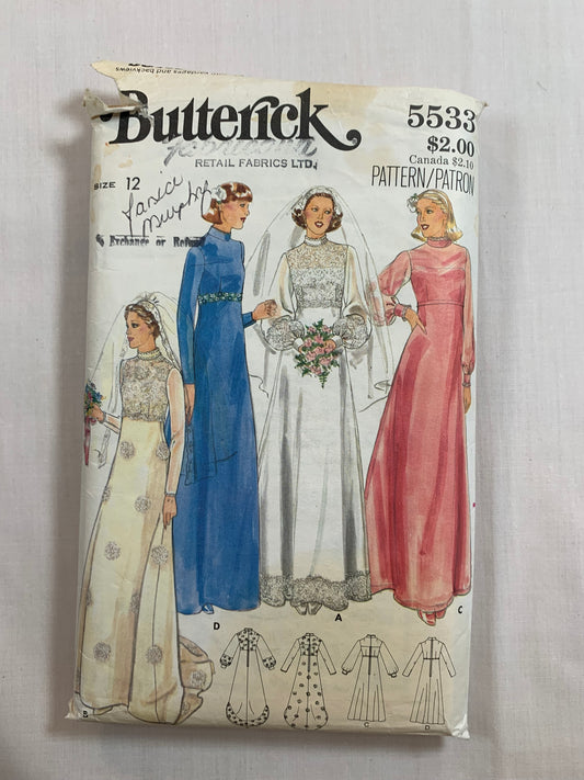 Butterick Sewing Pattern 5533 Misses' Bridal Gowns, Bridesmaids' Dress, Long Sleeves, Floor Length, Fitted, Flared Skirt, High Collar/Waist, Size 12, Cut, Vintage 1986