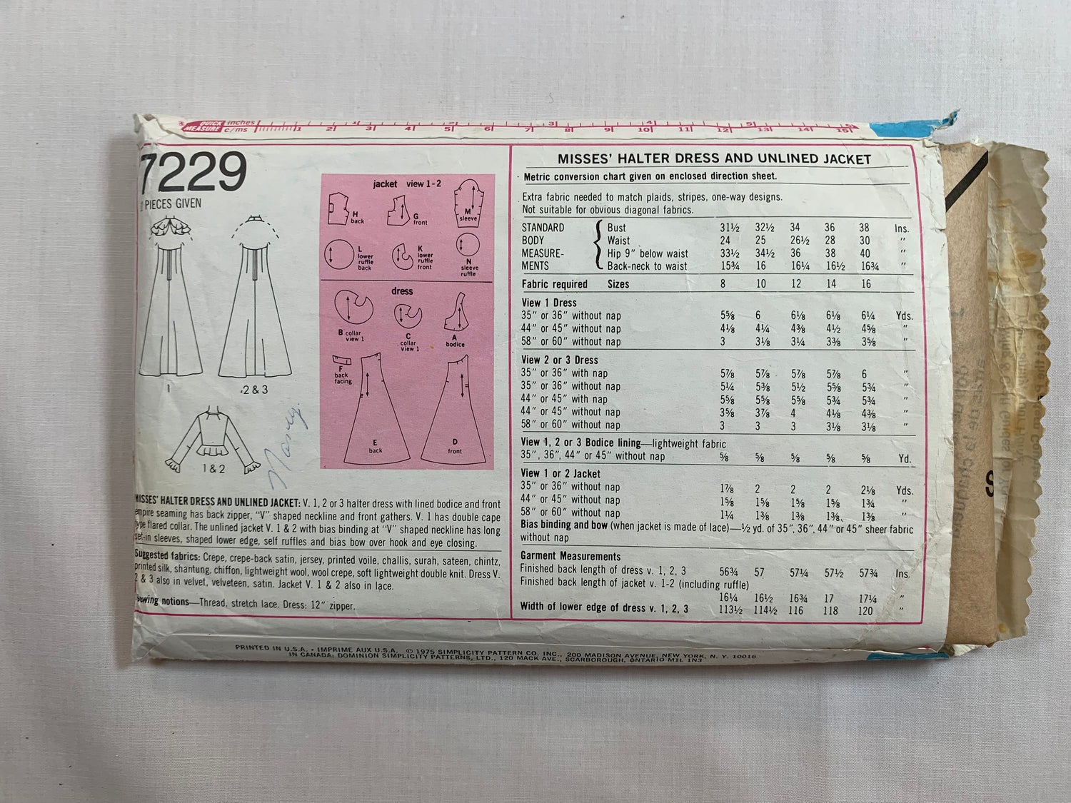Simplicity Sewing Pattern 7229 Misses' Halter Dresses, Bolero Unlined Jacket, Sleeveless, Long Sleeves, Zipper Back, Darts, V-Neckline, Size 8, Cut, Vintage 1975