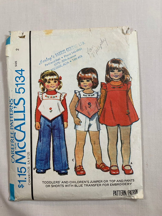 McCall's Sewing Pattern 5134 Toddlers'/Girls' Jumper, Top, Pants, Shorts, Transfer Missing, Button Back, Ruffles, Elastic Waist, Size 2, Cut, Vintage 1976
