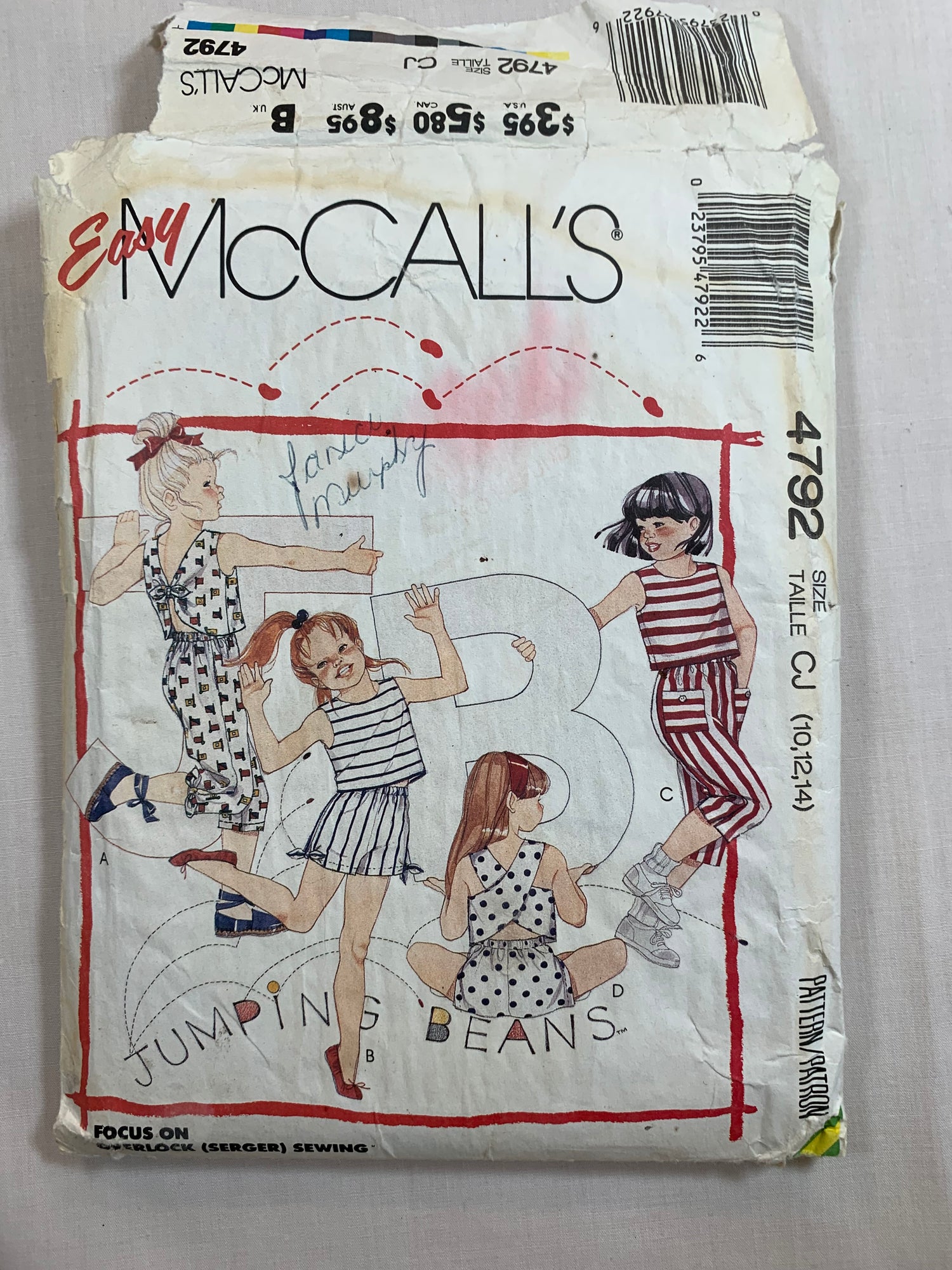 McCall's Sewing Pattern 4792 Girls' Tops, Capri Pants, Shorts, Elastic Waist, Pockets, Pull-On, 4 Variations, Size 10-14, Cut, Vintage 1990