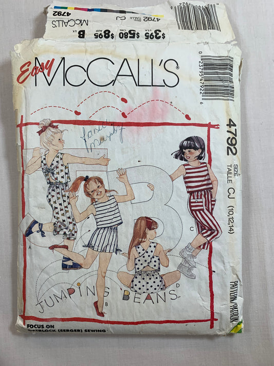 McCall's Sewing Pattern 4792 Girls' Tops, Capri Pants, Shorts, Elastic Waist, Pockets, Pull-On, 4 Variations, Size 10-14, Cut, Vintage 1990