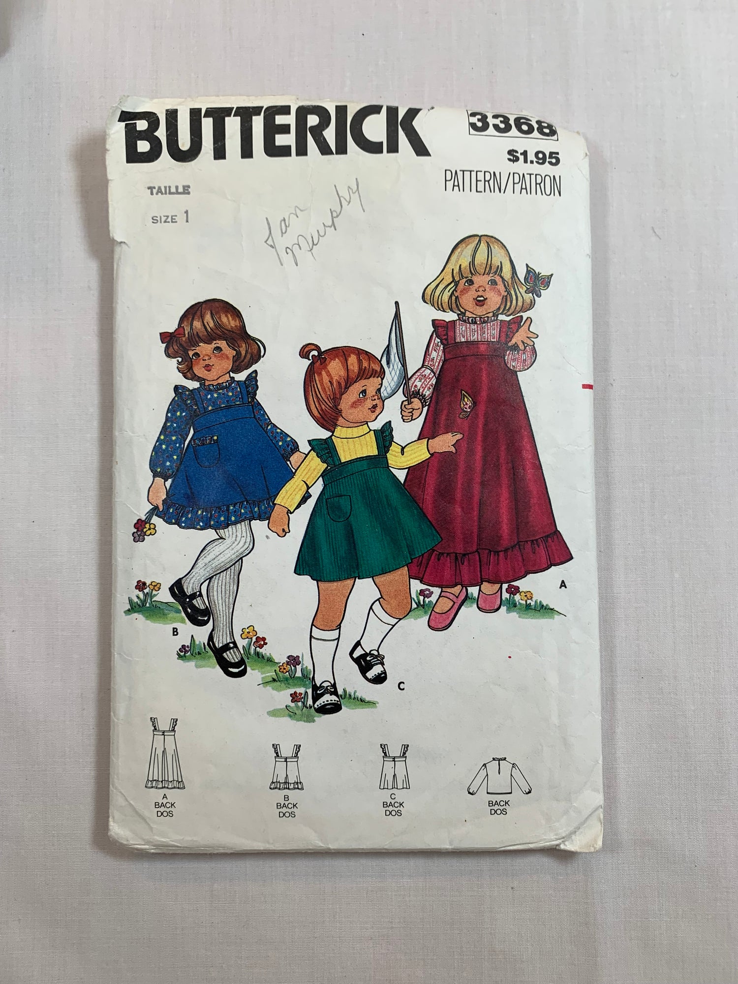 Butterick Sewing Pattern 3368 Toddlers'/Girls' Dress, Jumper, Blouse, Two Lengths, Long Sleeves, Sleeveless, Button Back, Ruffles, Pockets, Size 1, Cut, Vintage 1975