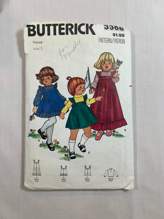 Butterick Sewing Pattern 3368 Toddlers'/Girls' Dress, Jumper, Blouse, Two Lengths, Long Sleeves, Sleeveless, Button Back, Ruffles, Pockets, Size 1, Cut, Vintage 1975
