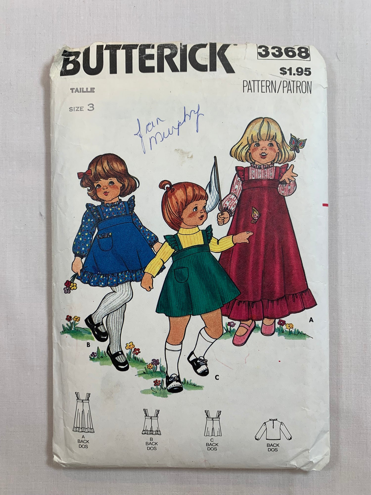 Butterick Sewing Pattern 3368 Toddlers'/Girls' Dress, Jumper, Blouse, Two Lengths, Long Sleeves, Sleeveless, Button Back, Ruffles, Pockets, Size 3, Cut, Vintage 1975