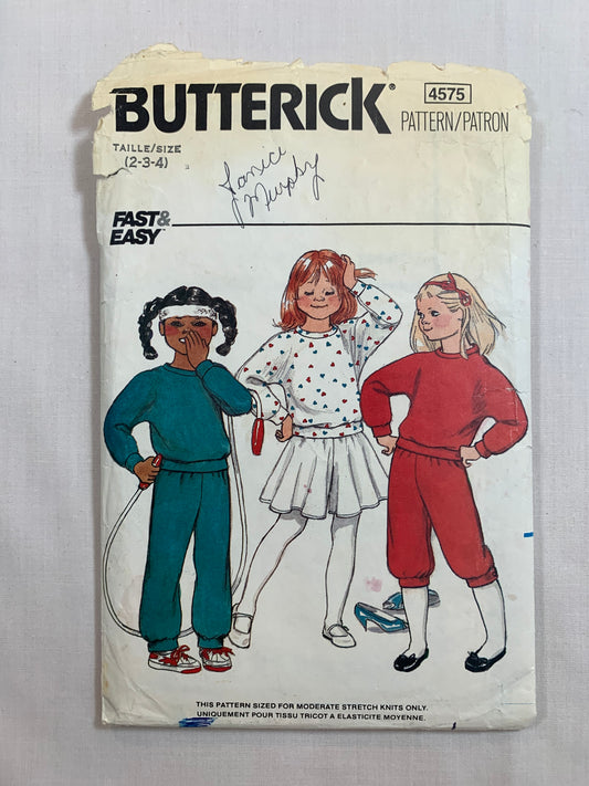 Butterick Sewing Pattern 4575 Girls' Top, Pants, Knickers, Culottes, Loose-Fitting, Two Lengths, Elastic Waistline, Size 2-3, Cut, Vintage 1980