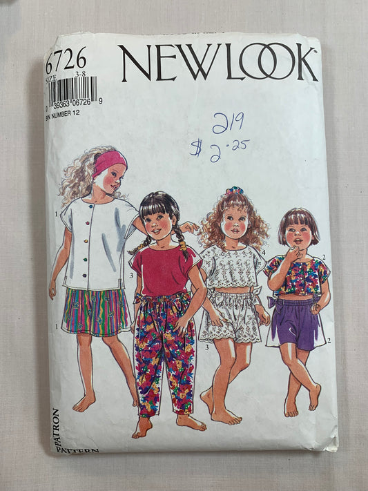 Simplicity New Look Sewing Pattern 6726 Girls' Pants, Shorts, Top, Elastic Waist, Button Front, Short Sleeves, 4 Variations, Size 3-8, Cut, 2007