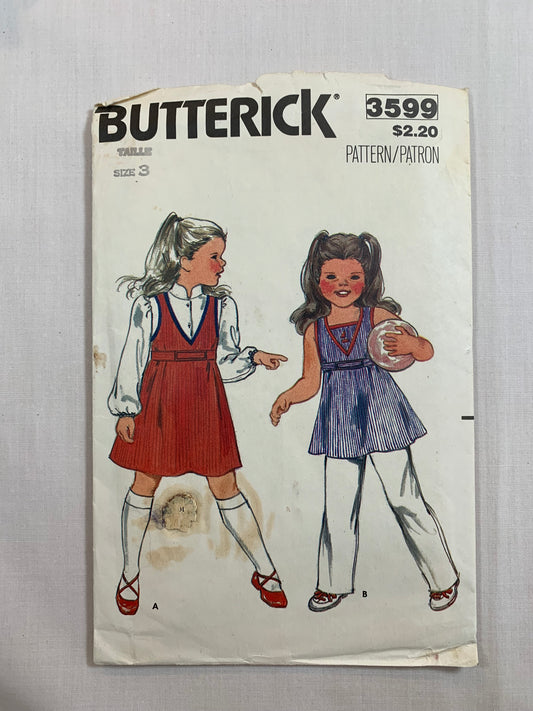 Butterick Sewing Pattern 3599 Girls' Jumper, Dress, Top, Fitted, Flared, Above Knee Length, Belt, 2 Variations, Size 3, Uncut, Vintage 1970