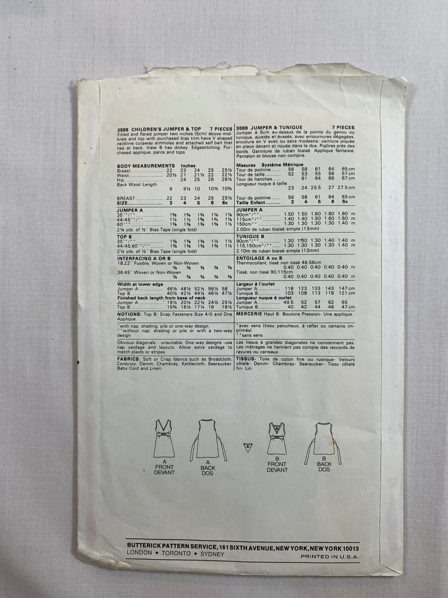 Butterick Sewing Pattern 3599 Girls' Jumper, Dress, Top, Fitted, Flared, Above Knee Length, Belt, 2 Variations, Size 3, Uncut, Vintage 1970
