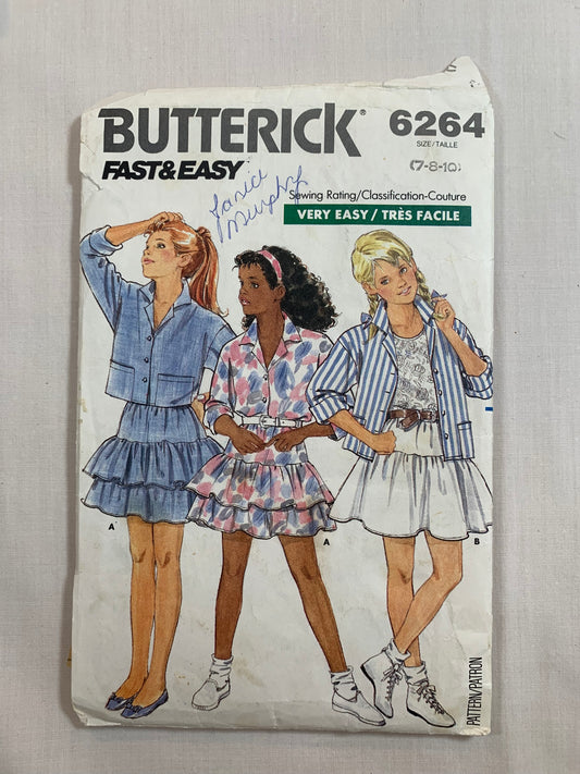 Butterick Sewing Pattern 6264 Girls' Shirt, Skirt, Loose-Fitting, Pockets,Long Sleeves. Collar, Dropped Shoulders, Size 7-10, Cut, Vintage 1988