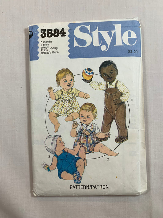 Style Sewing Pattern 3584 Infant/Babies Dungarees, Pinafore, Shirt, Two Lengths, Long/Short Sleeves, Shoulder Straps, Front Button, Collar, Size 6 Mths, Cut, Vintage 1981