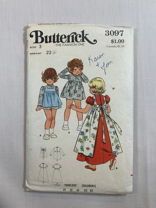 Butterick Sewing Pattern 3097 Toddlers'/Girls' Dress, Pinafore, Sash, Two Lengths, Collar, Semi-Fitted, Flared Skirt, Ruffles, Zipper Back, Tie Ends, Size 2, Cut, Vintage 1976