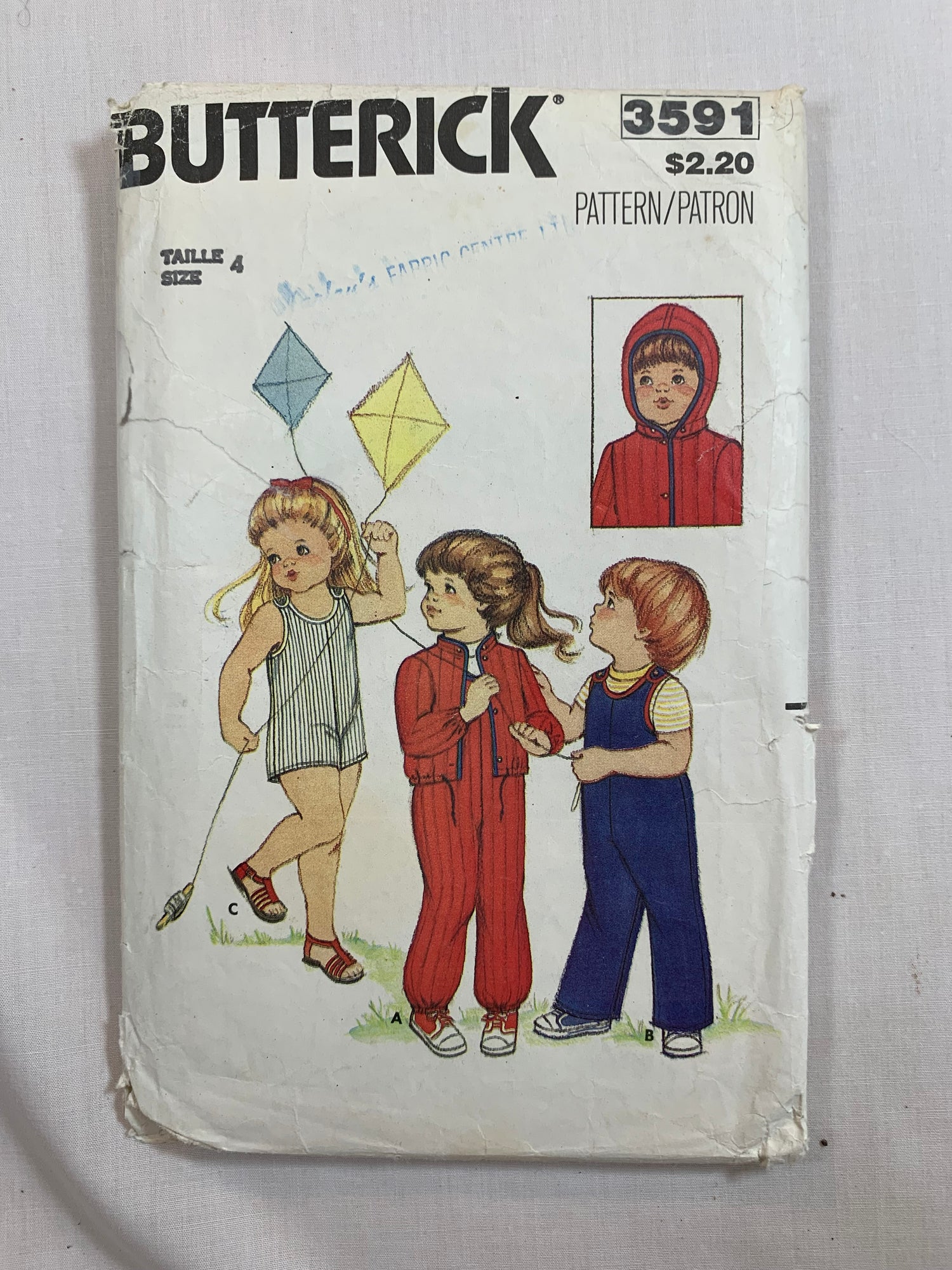 Butterick Sewing Pattern 3591 Toddlers' Jacket, Detachabe Hood, Overalls, Loose-Fitting, Unlined, Long Sleeves, Shoulder Straps, Button Front, Size 4, Cut, Vintage 1989