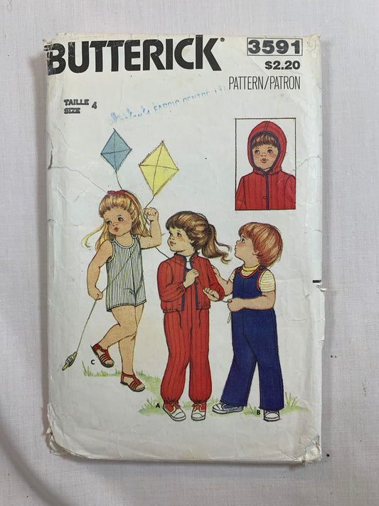 Butterick Sewing Pattern 3591 Toddlers' Jacket, Detachabe Hood, Overalls, Loose-Fitting, Unlined, Long Sleeves, Shoulder Straps, Button Front, Size 4, Cut, Vintage 1989