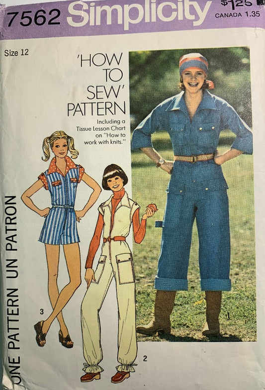 Simplicity 7562 Misses' Jumpsuit, Size 12, Cut, Vintage 1976