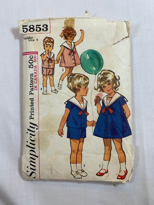 Simplicity Sewing Pattern 5853 Toddlers' One-Piece Dress, Shorts, Top, Sleeveless, Short Sleeves, Suspenders, Sailor Collar, Elastic Waist, Size 4, Cut, Vintage 1964