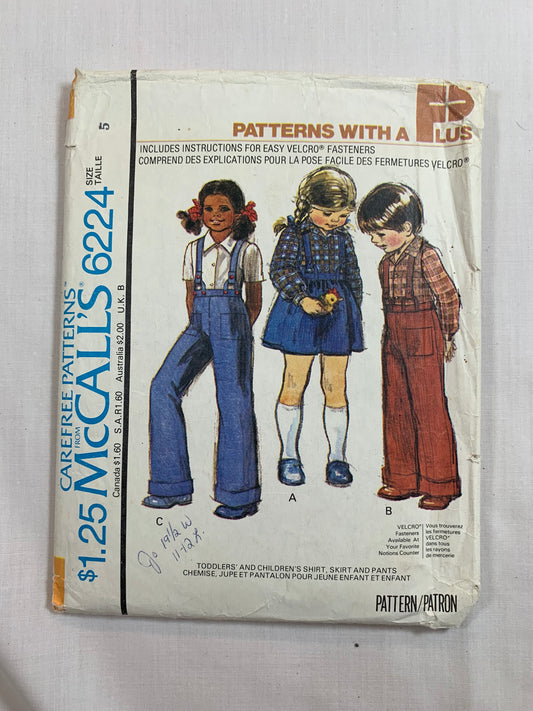 McCall's Sewing Pattern 6224 Toddlers'/Boy's/Girls' Shirt, Skirt, Pants, Pockets, Button Front, Long/Short Sleeves, Elastic Waist, Suspender Straps, Size 5, Cut, Vintage 1978