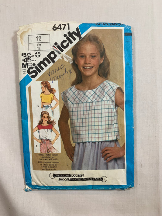 Simplicity Sewing Pattern 6471 Girls' Pullover Tops, Three Lengths, Pocket, Extended Shoulders, Short Sleeves, Size 12, Cut, Vintage 1984