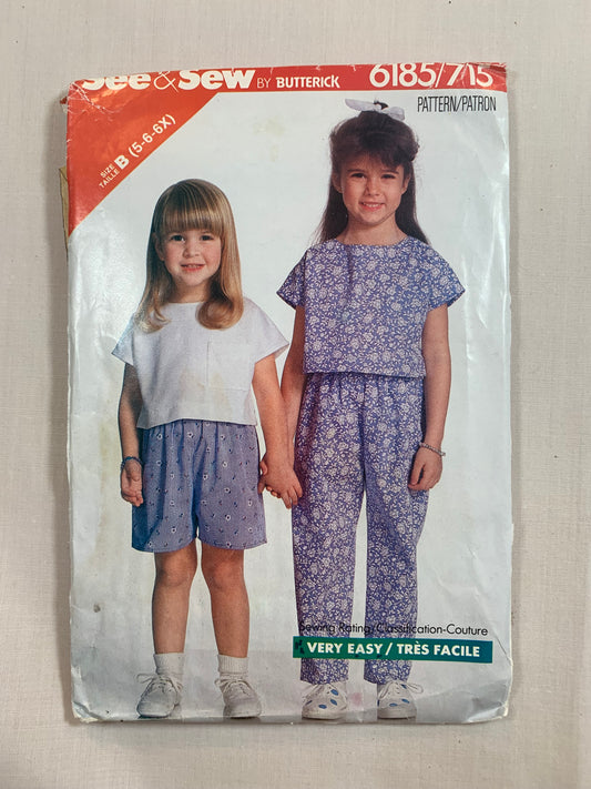 Butterick Sewing Pattern 6185 Girls' Top, Pants, Shorts, Semi-Fitted, Short Sleeves, Pullover, Pocket, Elastic Waist, Size 5-6X, Cut, Vintage 1988