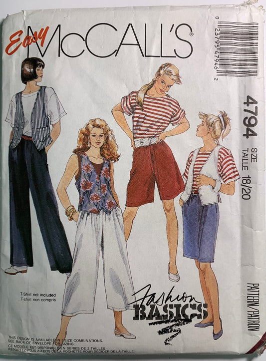 McCall's 4794 Misses' Vest, T-Shirt, Pants, Shorts, Size 18-20, Cut, Vintage 1990
