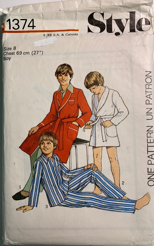 Style Sewing Pattern 1374 Boy's Robe, Pajamas, Long Sleeves, Button Front, Pants, Top, Size 8, Cut, Vintage 1975