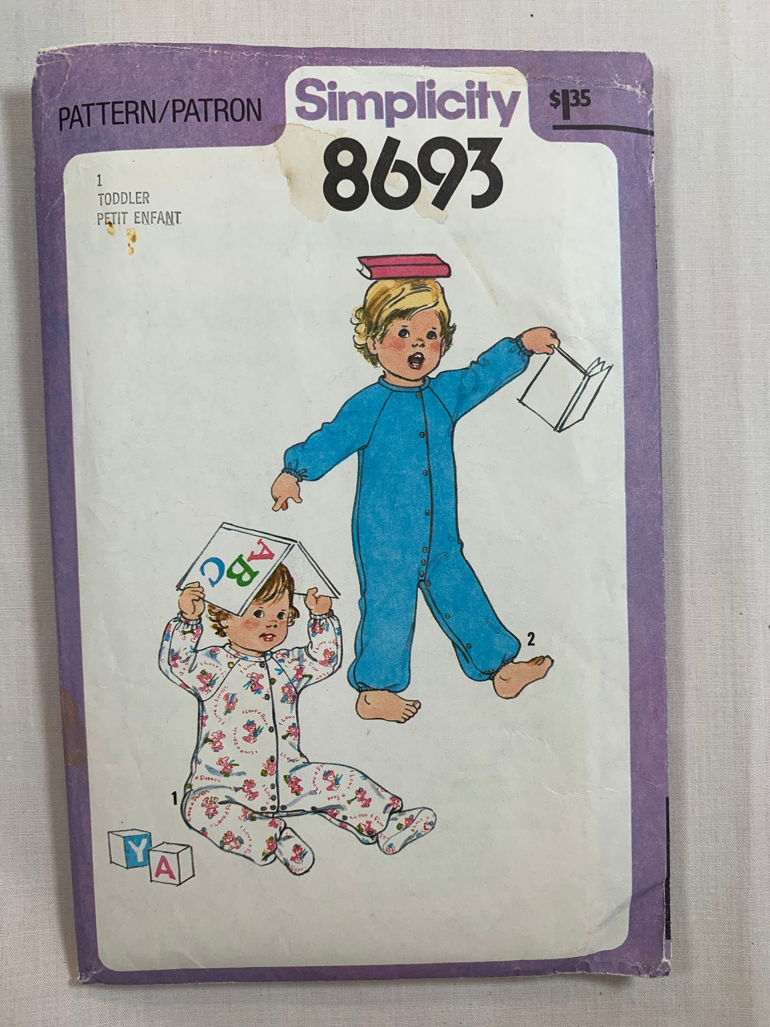 Simplicity Sewing Pattern 8693 Toddlers' Sleepers, Pajamas, , Long Raglan Sleeves, Snap Front/Crotch, Enclosed Feet, Size 1, Cut, Vintage 1978