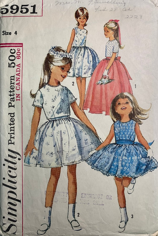 Simplicity 5951 Girls' One-Piece Dress, Jacket, Size 4, Cut, Vintage 1965