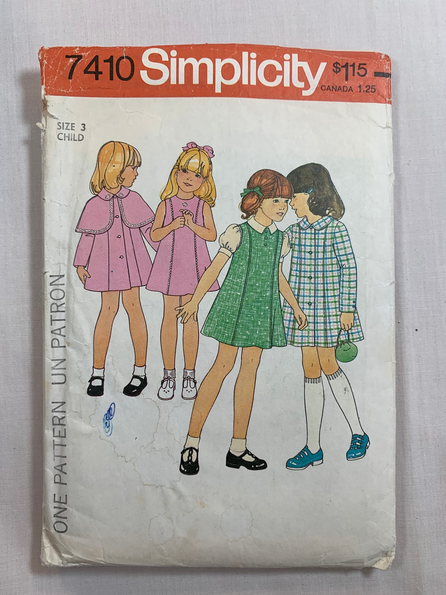 Simplicity Sewing Pattern 7410 Girls' Dress, Jumper, Coat With Detachable Cape, Princess Seams, Sleeveless, Long Sleeves, Button Front, Zipper Back, Size 3, Cut, Vintage 1976