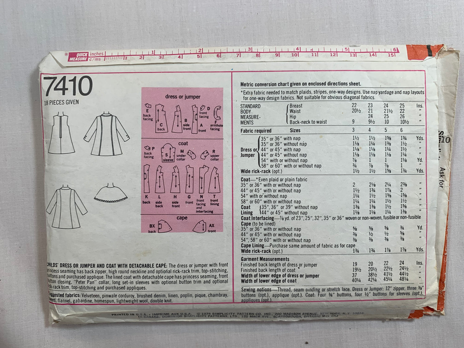 Simplicity Sewing Pattern 7410 Girls' Dress, Jumper, Coat With Detachable Cape, Princess Seams, Sleeveless, Long Sleeves, Button Front, Zipper Back, Size 3, Cut, Vintage 1976