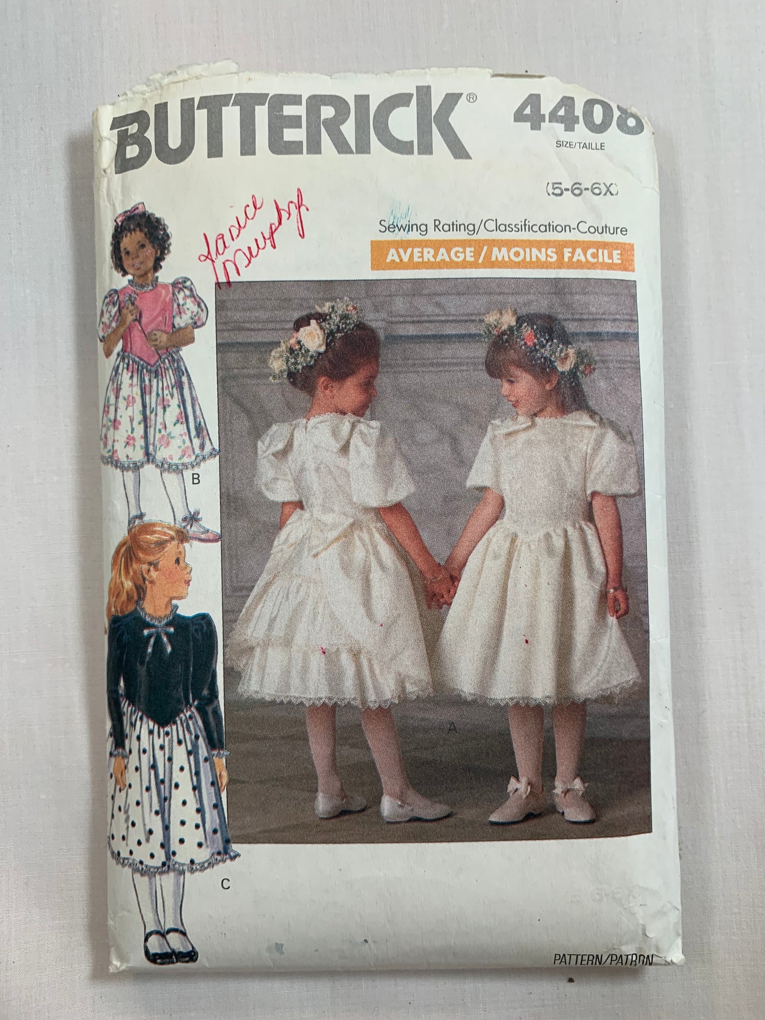 Butterick Sewing Pattern 4408 Children's/Girls' Dress, Two Lengths, Flared Skirt, Zipper Back, Long/Short Sleeves, Ruffles, Pleats, Size 5-6X, Cut, Vintage 1989