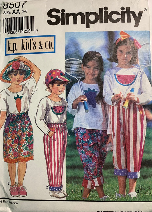 Simplicity 8507 Child's Pants, Shorts, Top, Hats, Headband, Size 2-4, Uncut, Vintage 1993