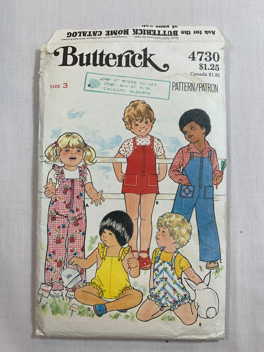 Butterick Sewing Pattern 4730 Toddlers' Overalls, Romper, Two Lengths, Bibs, Ruffles, Front Zipper, Shoulder Straps, Size 3, Cut, Vintage 1989