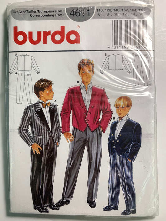 Burda Sewing Pattern 4611 Boy's Jacket, Pants, Button Front, Zipper Front, Pockets, Size 6-16, Uncut, 2000