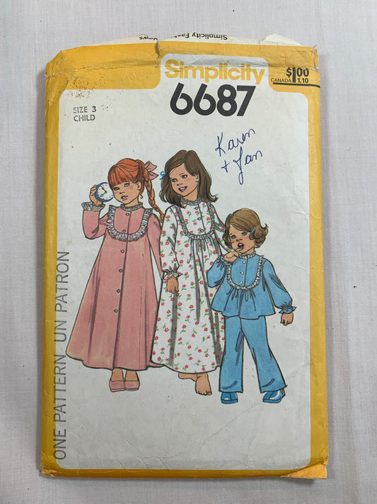 Simplicity Sewing Pattern 6687 Toddlers' Girls' Pajamas, Top, Pants, Long Sleeves, Button Front. Nightgown, Size 3, Cut, Vintage 1977