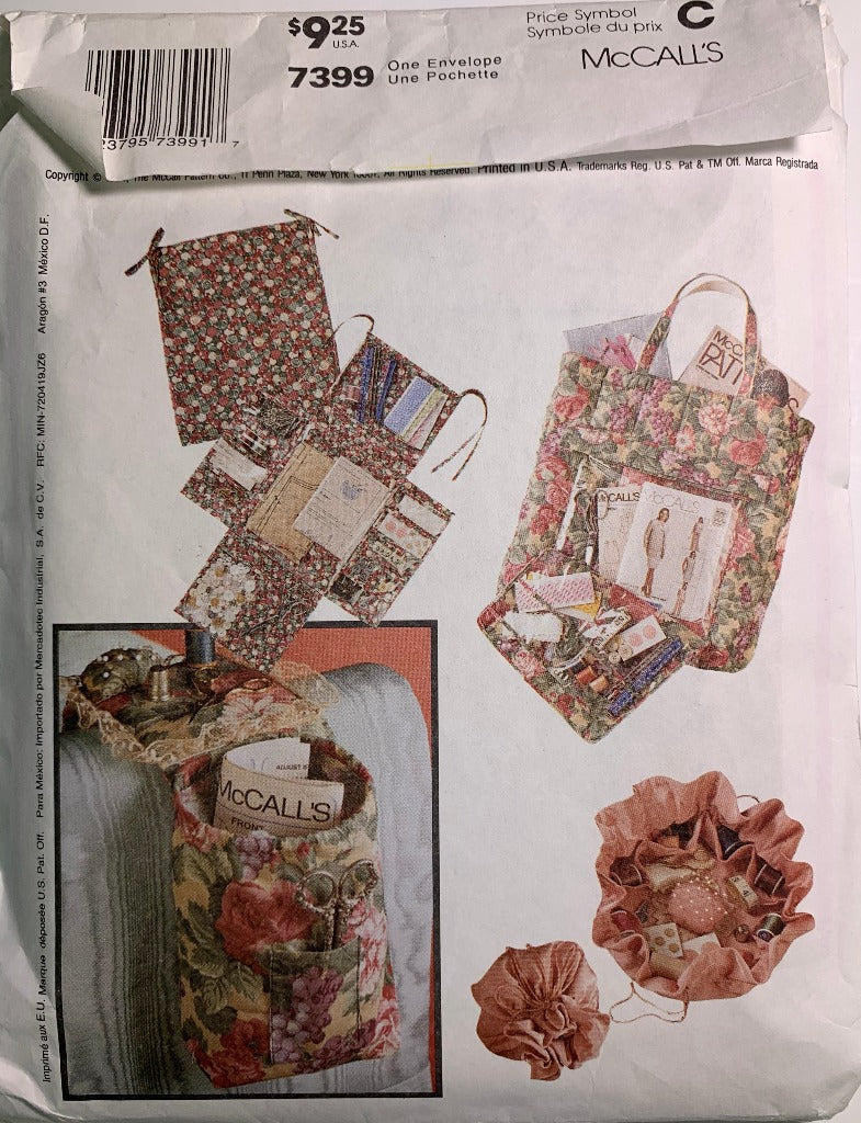 McCall's Sewing Pattern 7399 Sewing Accessories, Needlecase, Eyeglass Case, Scissor Pocket, Armchair Caddy, Cut, Vintage 1994