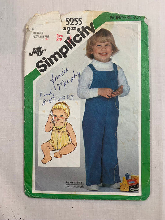 Simplicity Sewing Pattern 5255 Toddlers' Overalls, Two Lengths, Shoulder Straps, Elastic Back, Snap Crotch, Cut, Vintage 1981