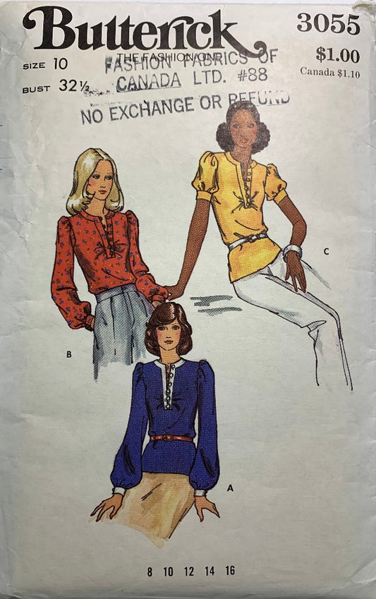 Butterick Sewing Pattern 3055 Misses' Blouse, 3 Variations, Long/Short Sleeves, Close-Fitting, Side Zipper, Size 10, Cut, Vintage 1973