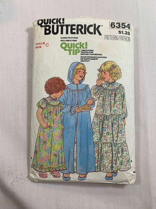 Butterick Vintage Sewing Pattern 6354 Girls' Pajamas and Robe, Short/Long Sleeves, Housecoat, Loose-Fitting, Size 5-6X, Cut, Vintage 1976