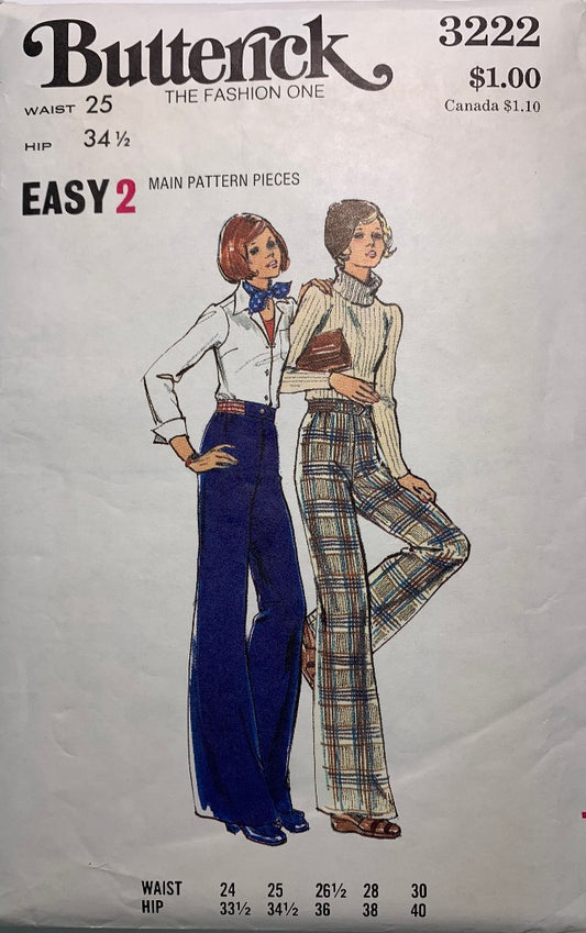 Butterick Sewing Pattern 3222 Misses' Pants, Flared, Zipper Front, Bell Bottoms, Size 25 Waist, Cut, Vintage 1970