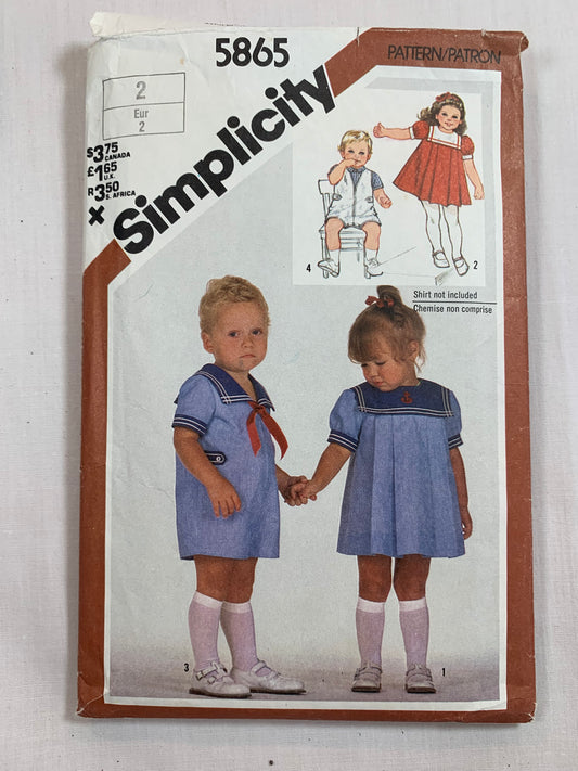 Simplicity Sewing Pattern 5865 Toddlers'/Boy's/Girls' Dresss, Rompers, Short Sleeves, Sleeveless, Collar, Snap Crotch, Zipper Front, Size 2, Cut, Vintage 1982