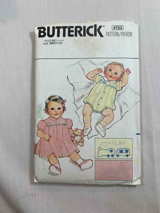 Butterick Sewing Pattern 4723 Baby/InfantDress, Romper, Panties, Snap Crotch, Pleats, Embroidery Transfers, Short Sleeves, Button Front, Size 8-14 Pounds, Cut, Vintage 1989