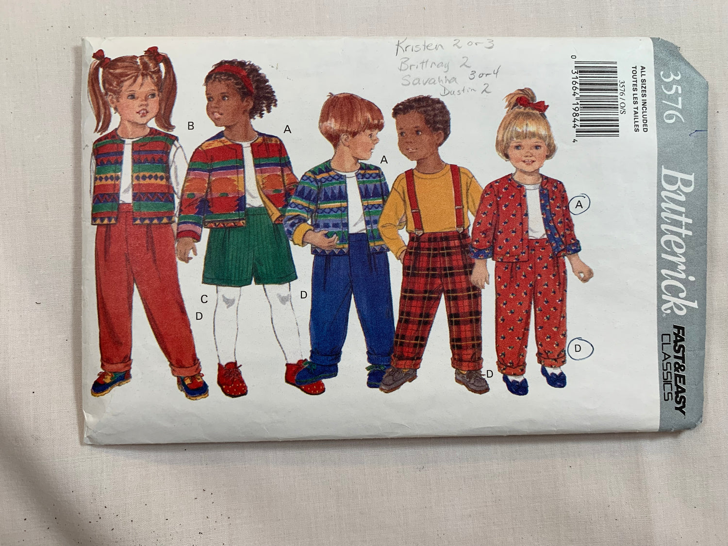 Butterick Sewing Pattern 3576 Girls'/Boys' Jacket, Vest, Pants, Top, Shorts, Collar, Elastic Waist, Pockets, Long Sleeves, Sleeveless, Pull-On, Pleats, Size 2, Cut, Vintage 1994