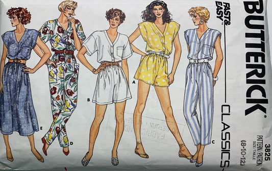 Butterick Sewing Pattern 3825 Misses' Jumpsuit, Dress, Three Lengths, Elastic Waist, Short Sleeves, Sleeveless, Pockets, Flared, Size 8-12, Cut, Vintage 1986