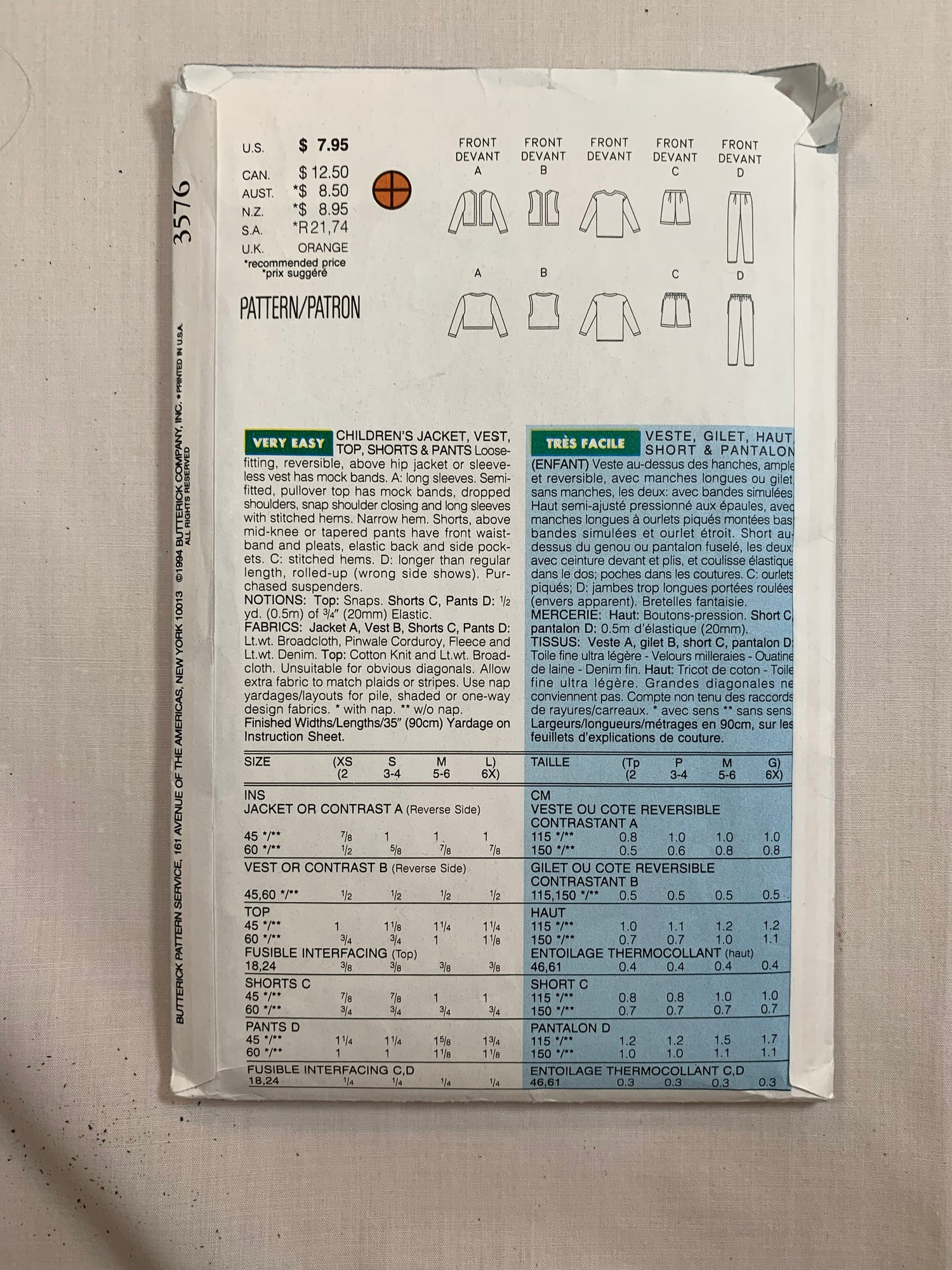 Butterick Sewing Pattern 3576 Girls'/Boys' Jacket, Vest, Pants, Top, Shorts, Collar, Elastic Waist, Pockets, Long Sleeves, Sleeveless, Pull-On, Pleats, Size 2, Cut, Vintage 1994