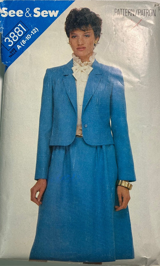 Butterick Sewing Pattern Sew & Sew 3881, Misses' Jacket & Skirt, Button Front, Semi-Fitted, Dirndl Skirts, Zipper Back, Size 8-12, Cut, Vintage 1990