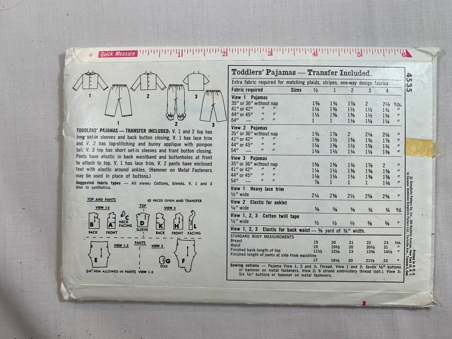 Simplicity Sewing Pattern 4535 Toddlers' Girls'/Boy's Pajamas, Top, Pants, Long/Short Sleeves, Button Front. Elastic Waist, Feet, Size 2, Cut, Vintage 1977