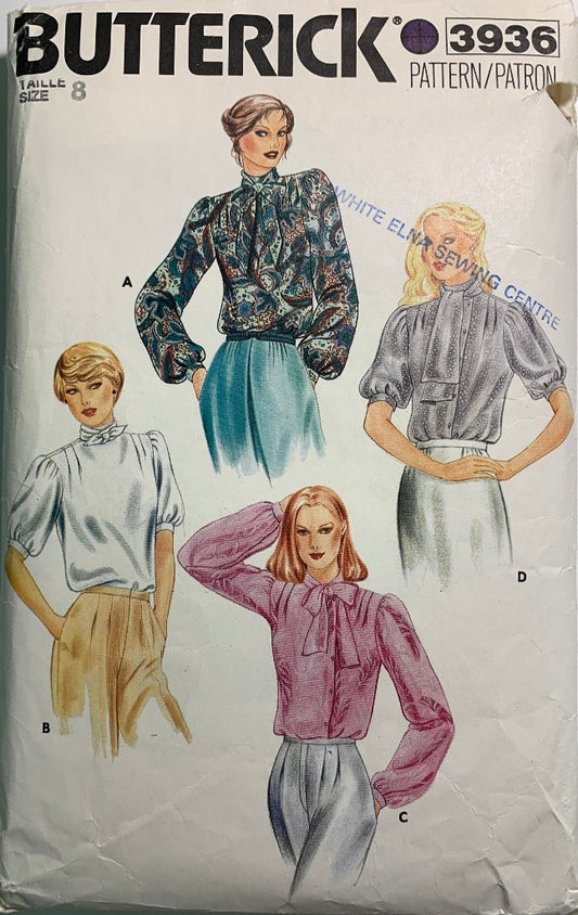 Butterick Sewing Pattern 3936 Misses' Blouses, Loose-Fitting, Long/Short Sleeves, Button Front, Size 8, Cut, Vintage 1980